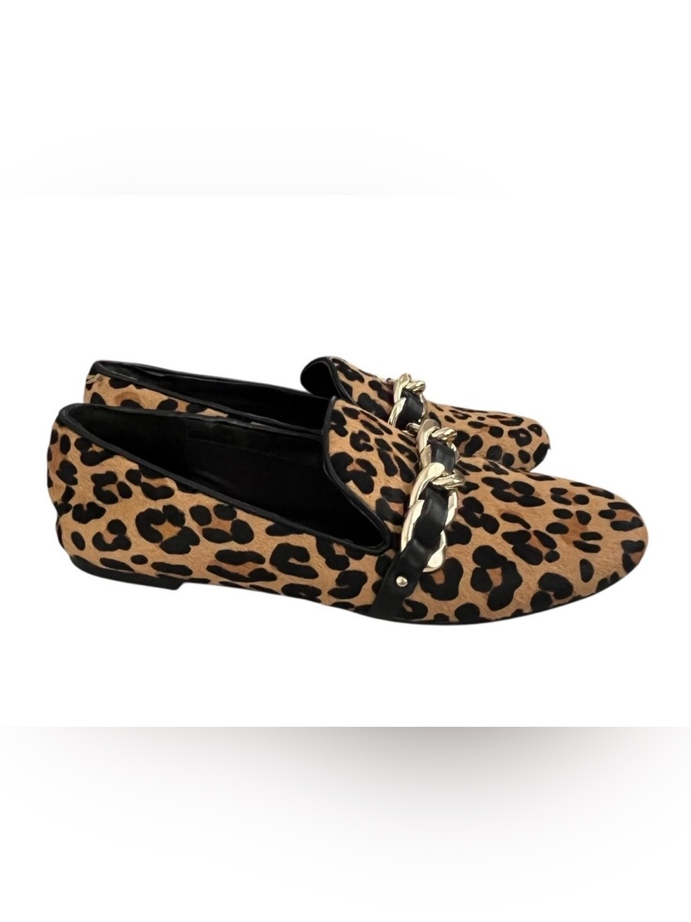 Chico's Leopard Print Calf Hair/Leather Slip-On Loafers with Chain Accent Sz 9.5 - Picture 3 of 7